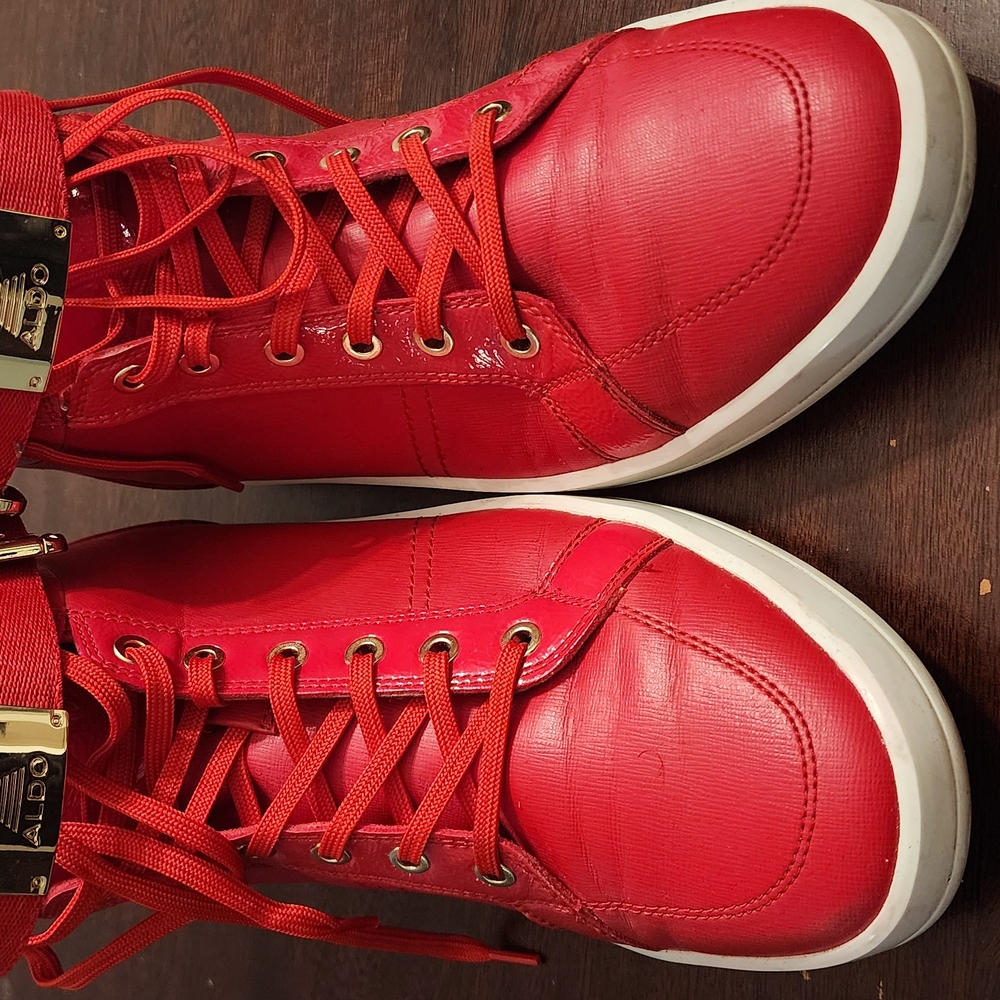 Red High-Top Sneakers with Gold Accents